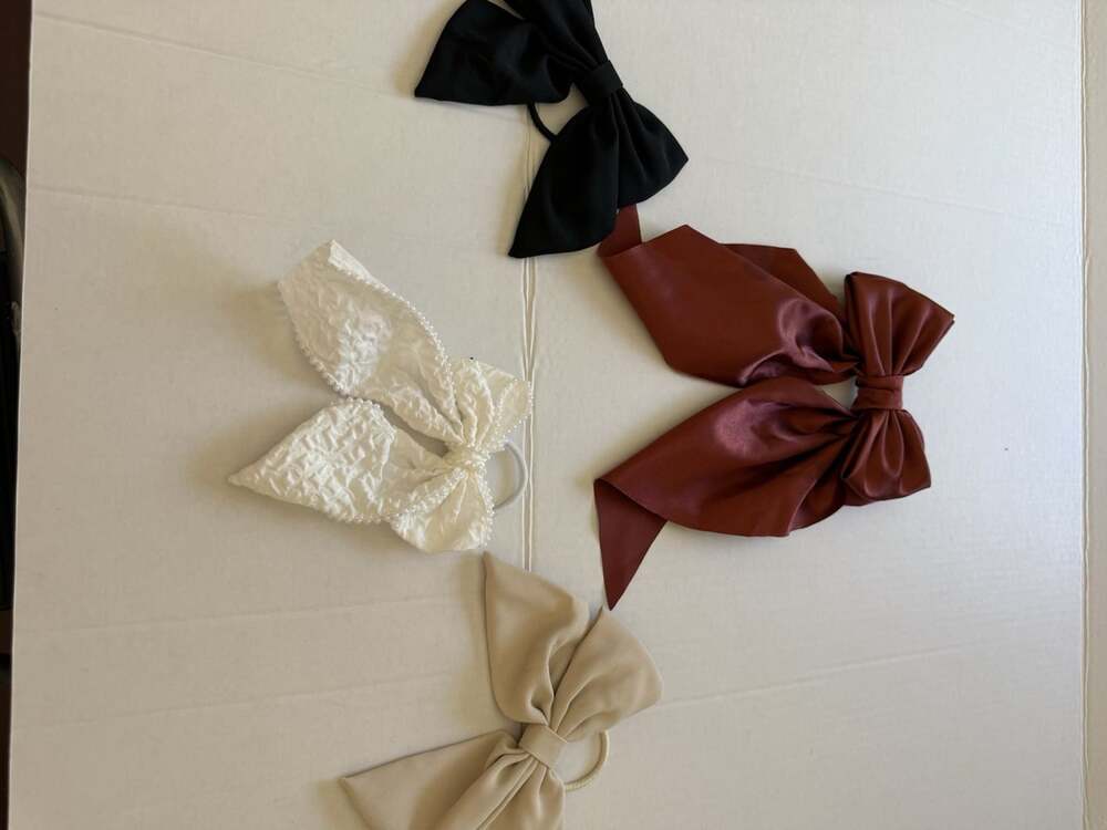 Lot of 4 Large Hair Bow Ponytail Ties Satin Pearl Coquette Black Burgundy Ivory